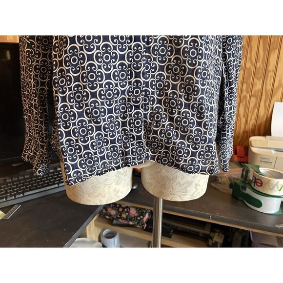 Charter Club Luxury Size S Scrolls Print 100% LINEN Button Down Blouse Blue - Picture 2 of 8